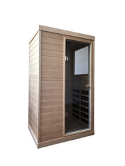 Hemlock Mini one person far infrared door on the Right of the indoor sauna room