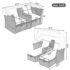 2-Seater Outdoor Double Daybed Patio Loveseat Sofa Set with Foldable Awning and Cushions, Beige