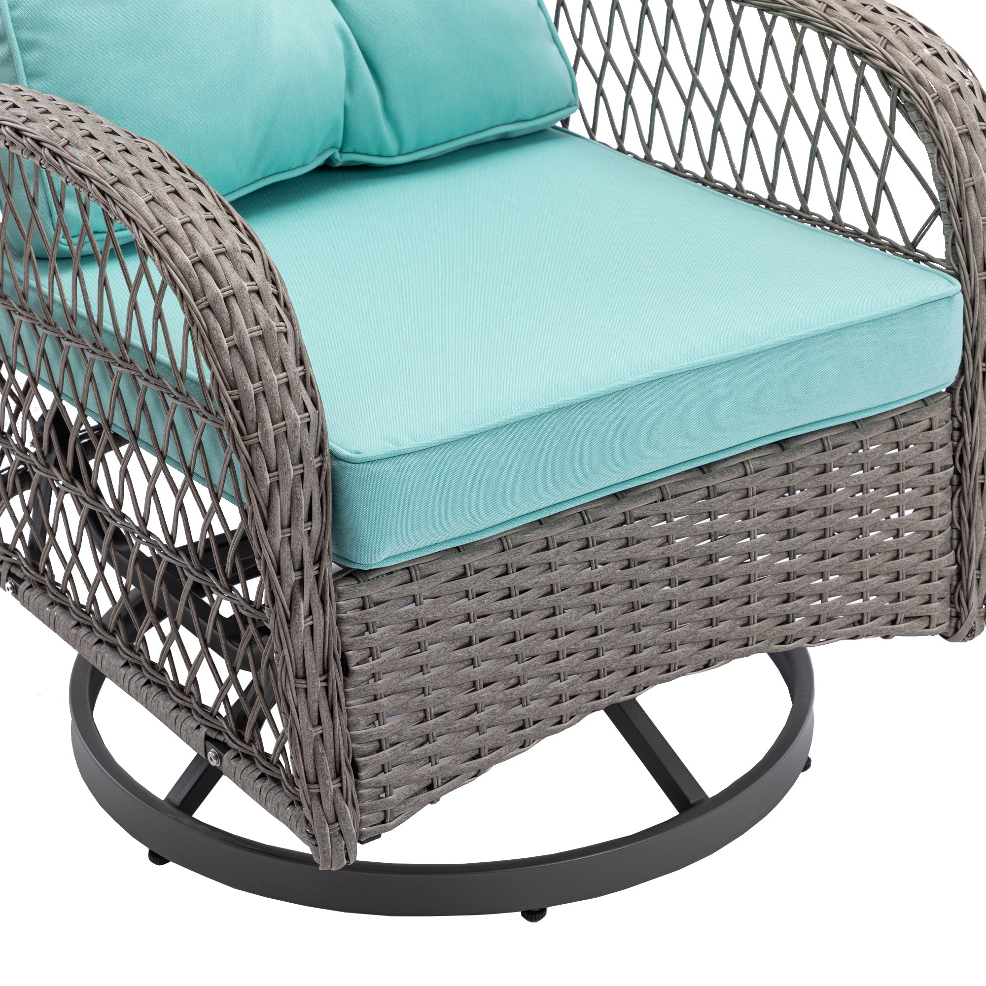 3 Pcs Outdoor Wicker Swivel Chair Set With Coffee Table and Cushions