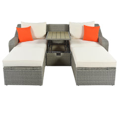 3-Piece Patio Wicker Sofa with Cushions, Pillows, Ottomans and Lift Top Coffee Table