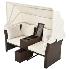 2-Seater Outdoor Double Daybed Patio Loveseat Sofa Set with Foldable Awning and Cushions, Beige