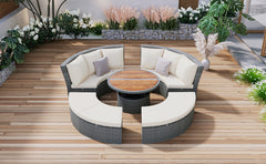 5-Piece Round Rattan Sectional Sofa Set All-Weather Sunbed Daybed with Round Liftable Table and Cushions, Beige