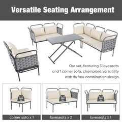 5-Piece Modern Patio Sectional Sofa Set Outdoor Woven Rope Furniture Set with Glass Table and Cushions, Gray+Beige