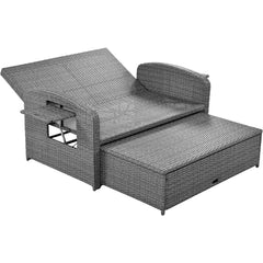 Wicker Rattan Double Chaise Lounge, 2-Person Reclining Daybed with Adjustable Back and Cushions, Free Furniture Protection Cover, White