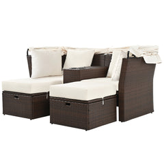 2-Seater Outdoor Double Daybed Patio Loveseat Sofa Set with Foldable Awning and Cushions, Beige