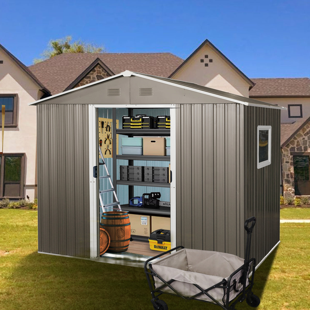 8ft x 6ft Outdoor Metal Storage Shed with Window Grey(W540S00016)