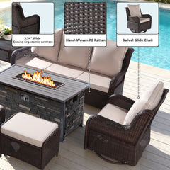 6 Pieces Outdoor Wicker Patio Conversation Set with Fire Pit Table, Swivel Rocker Chairs, Furniture Cover, Coffee Table, Ottoman & Khaki Cushions