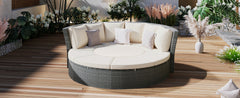 5-Piece Round Rattan Sectional Sofa Set All-Weather Sunbed Daybed with Round Liftable Table and Cushions, Beige