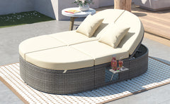 Outdoor Sun Bed Patio 2-Person Daybed with Cushions and Pillows, Rattan Reclining Chaise Lounge with Adjustable Backrests and Foldable Cup Trays, Beige