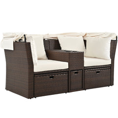 2-Seater Outdoor Double Daybed Patio Loveseat Sofa Set with Foldable Awning and Cushions, Beige