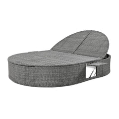 Outdoor Sun Bed Patio 2-Person Daybed with Cushions and Pillows, Rattan Reclining Chaise Lounge with Adjustable Backrests and Foldable Cup Trays, Beige