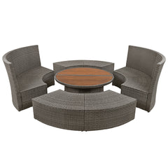 5-Piece Round Rattan Sectional Sofa Set All-Weather Sunbed Daybed with Round Liftable Table and Cushions, Gray