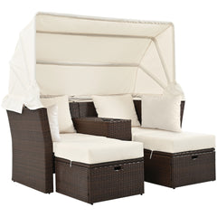 2-Seater Outdoor Double Daybed Patio Loveseat Sofa Set with Foldable Awning and Cushions, Beige