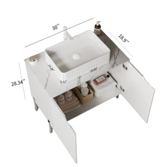 TURIO 30" Bathroom Vanity with Sink, Freestanding Plywood Bathroom Storage Cabinet with 2 Doors, White Ceramic Basin and Carrara White Sintered Stone Counter Top, with Sink Hole Cover and Drain, White