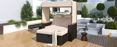 2-Piece Outdoor Rattan Bench Lounge Set, with Canopy, UV Protection Fabric & Waterproof Cushions and Adjustable Backrest