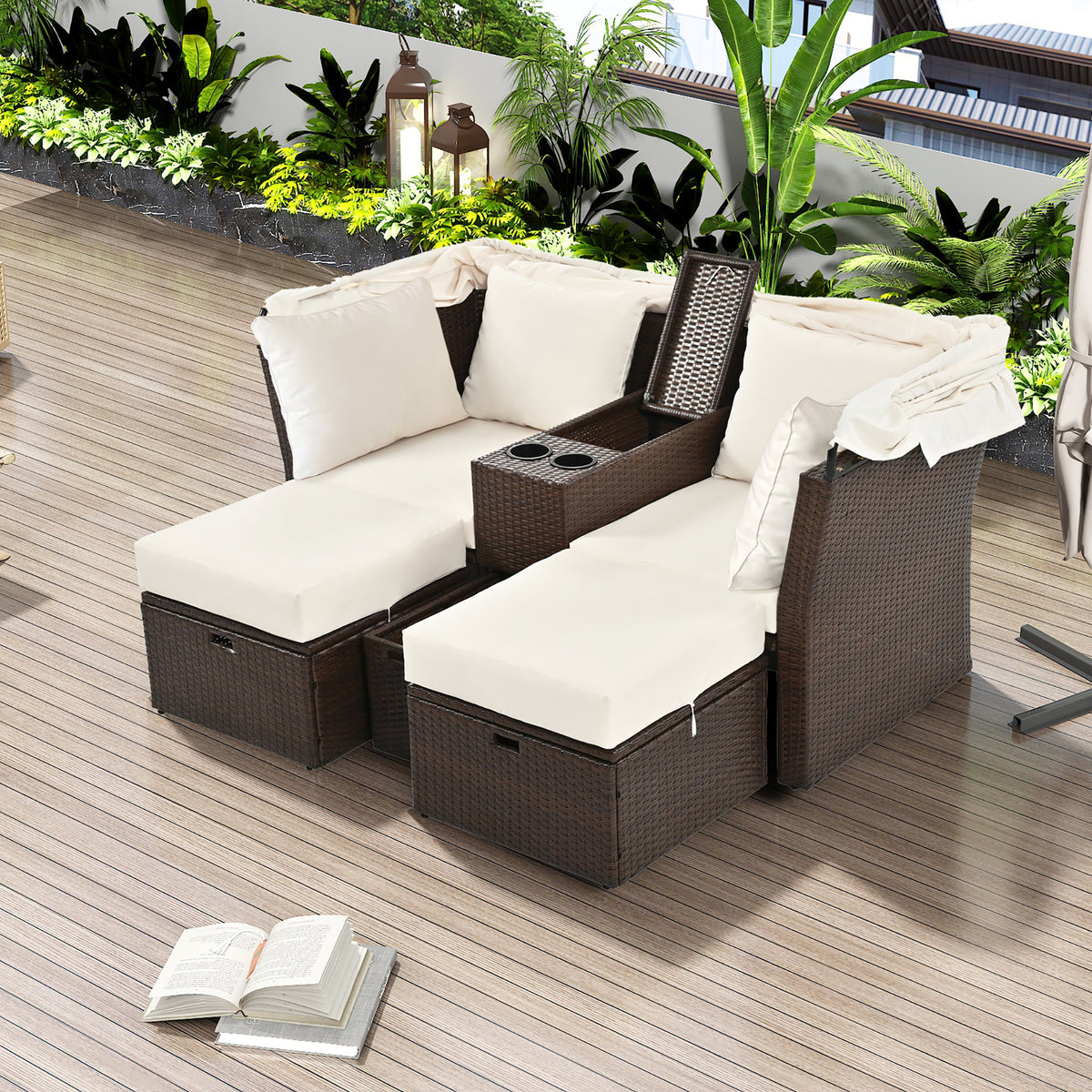 2-Seater Outdoor Double Daybed Patio Loveseat Sofa Set with Foldable Awning and Cushions, Beige