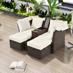 2-Seater Outdoor Double Daybed Patio Loveseat Sofa Set with Foldable Awning and Cushions, Beige