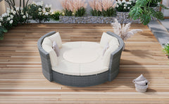 5-Piece Round Rattan Sectional Sofa Set All-Weather Sunbed Daybed with Round Liftable Table and Cushions, Beige