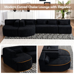 143.7" Upholstered Sofa Free-combined Sofa Couch with Two Chaise Lounge and Five Back Pillows for Living Room, Black