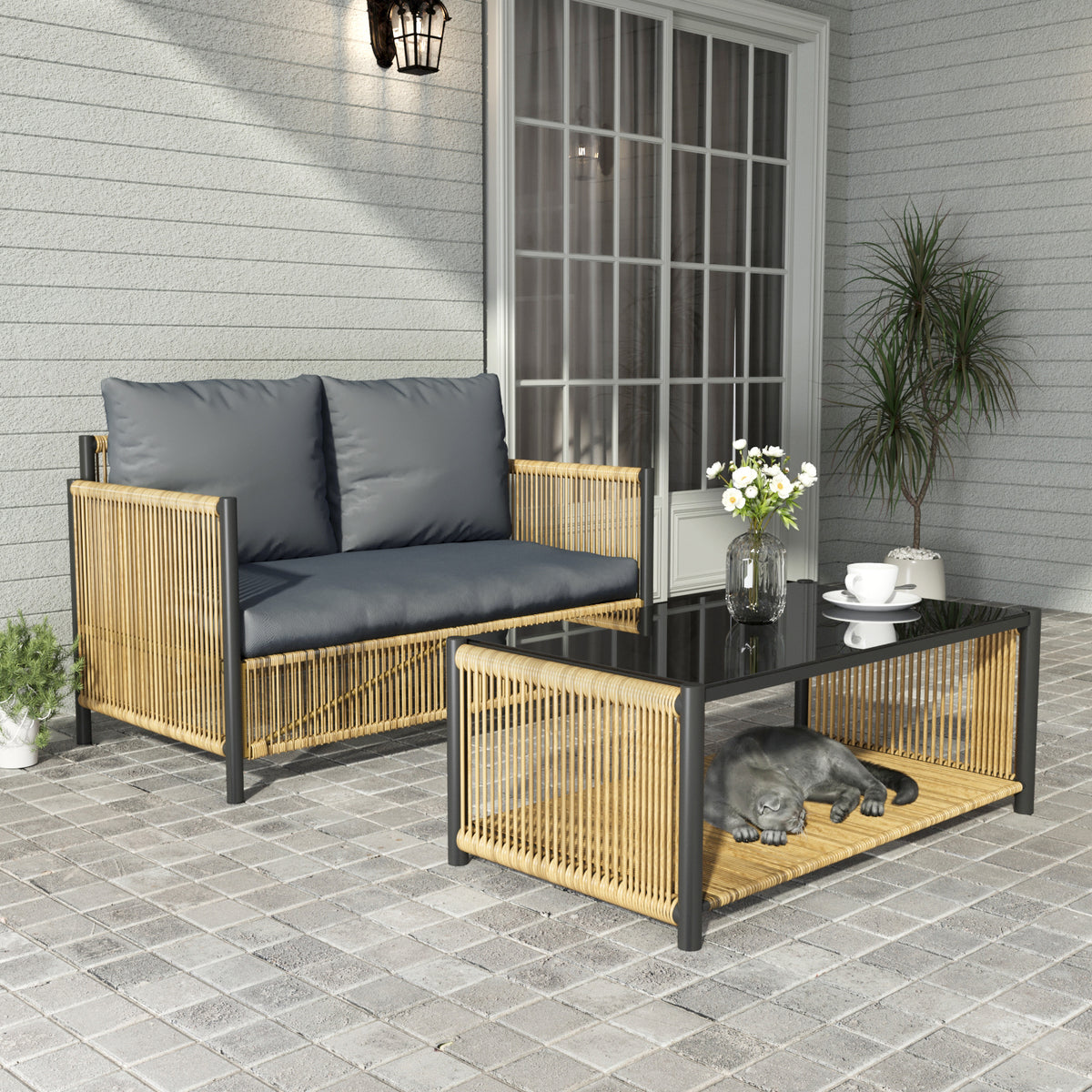 Outdoor Brown Wicker Sofa with Grey Cushion and Table Set