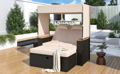 2-Piece Outdoor Rattan Bench Lounge Set, with Canopy, UV Protection Fabric & Waterproof Cushions and Adjustable Backrest