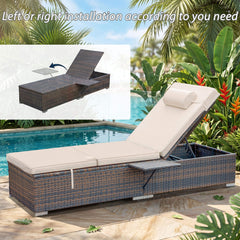 2 Pcs Patio Chaise Lounge Chairs w/ 6 Reclining Positions, Wheels & Small Pillow, Khaki Cushion