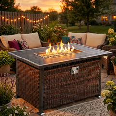 48'' Propane Gas Fire Pit Table 50000 BTU Auto-Ignition with Wood Tabletop, Fabric Cover & Glass Beads, Brown