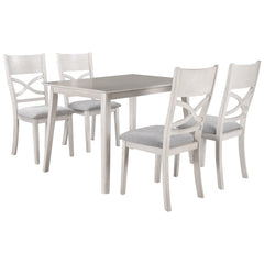 Farmhouse Rustic Wood 5-Piece Kitchen Dining Table Set with 4 Upholstered Padded Chairs, Light Gray+White