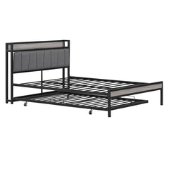 Full Size Metal Platform Bed Frame with Twin Size Trundle, Upholstered Headboard, Sockets, USB Ports and Slat Support, No Box Spring Needed, Black