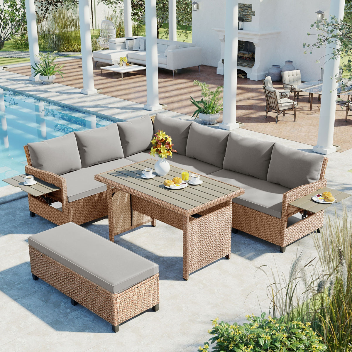 5-Piece Patio Dining Set with 2 Extendable Side Tables, Dining Table and Washable Covers, Brown