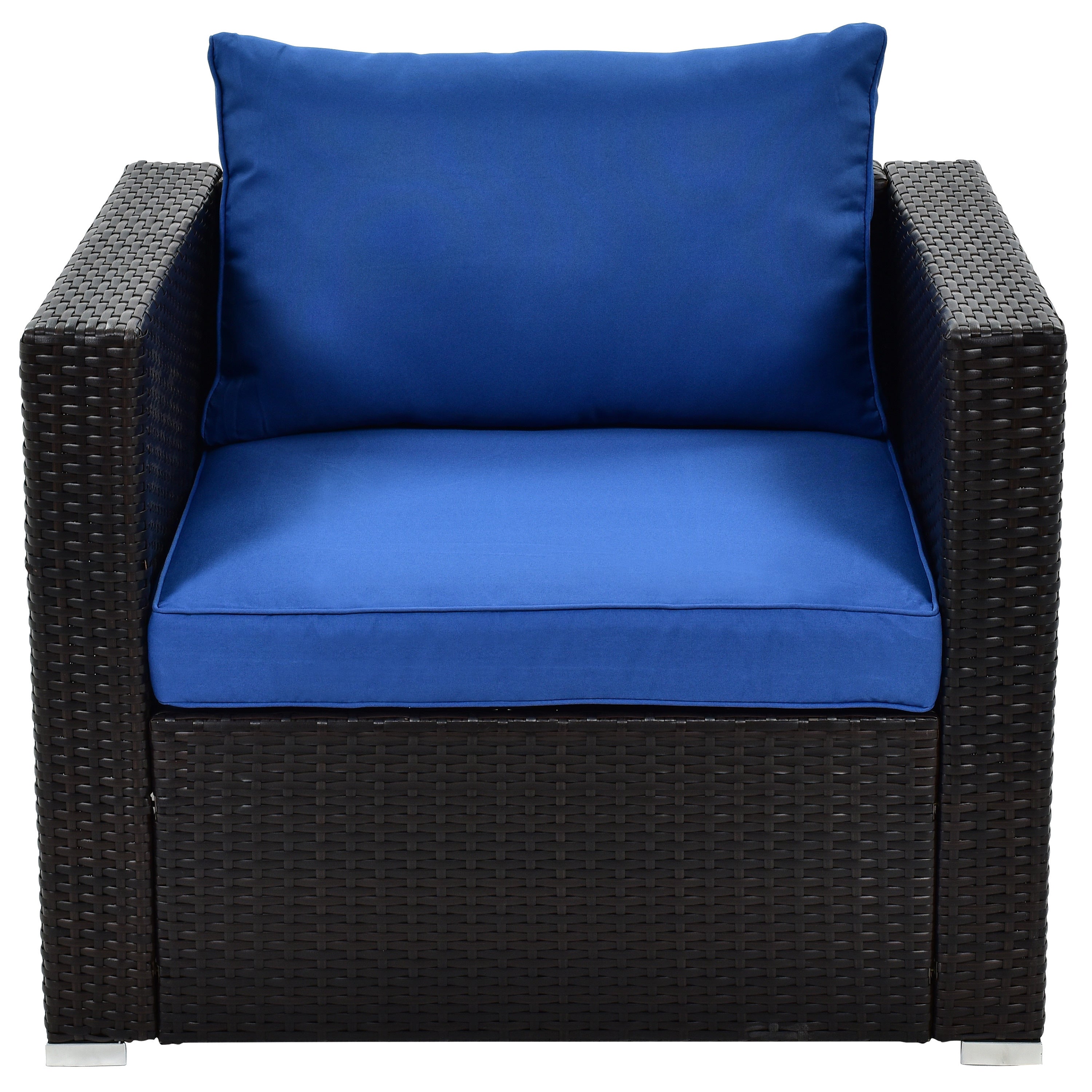 6 Pcs Outdoor Sectional Sofa Set with Glass Table, Blue Cushion+ Brown Wicker