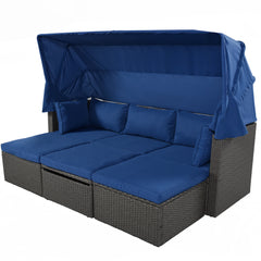 Outdoor Sectional Daybed with Retractable Canopy, Blue Cushions, Lifttop Coffee Table