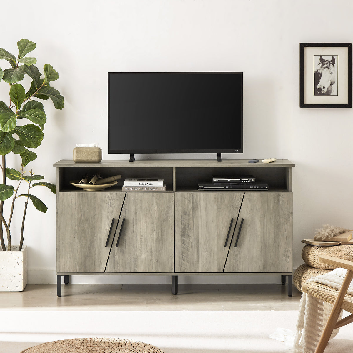 Farmhouse TV Stand with Storage & Open Drawers, Golden