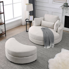 Swivel Accent Barrel Modern Sofa Lounge Club Big Round Chair with Storage Ottoman, Pillows, Beige