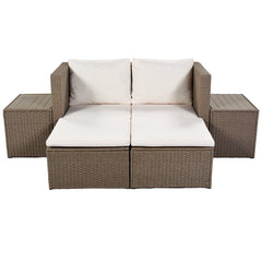 6-Piece Outdoor Rattan Sectional Sofa Set with 2 Tea Tables, Brown Wicker+Beige Cushion