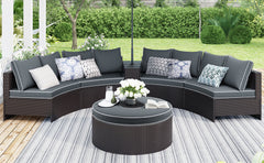 6 Pieces Outdoor Sectional Half Round Rattan Sofa Set w/ 1 Storage Side Table for Umbrella and 1 Multifunctional Round Table, Brown+ Gray