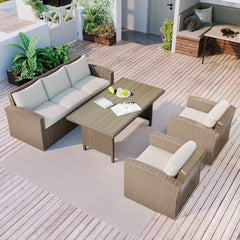 4-Piece Outdoor Conversation Set Wicker Furniture Sofa Set with Beige Cushions