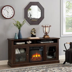 Farmhouse TV Stand Console with 18" Fireplace, Storage, Brown, 60"W*15.75"D*29"H