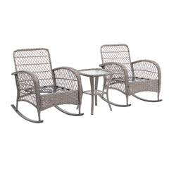 3 Pcs Patio Wicker Rocking Chair Set With Coffee Table and Cushions