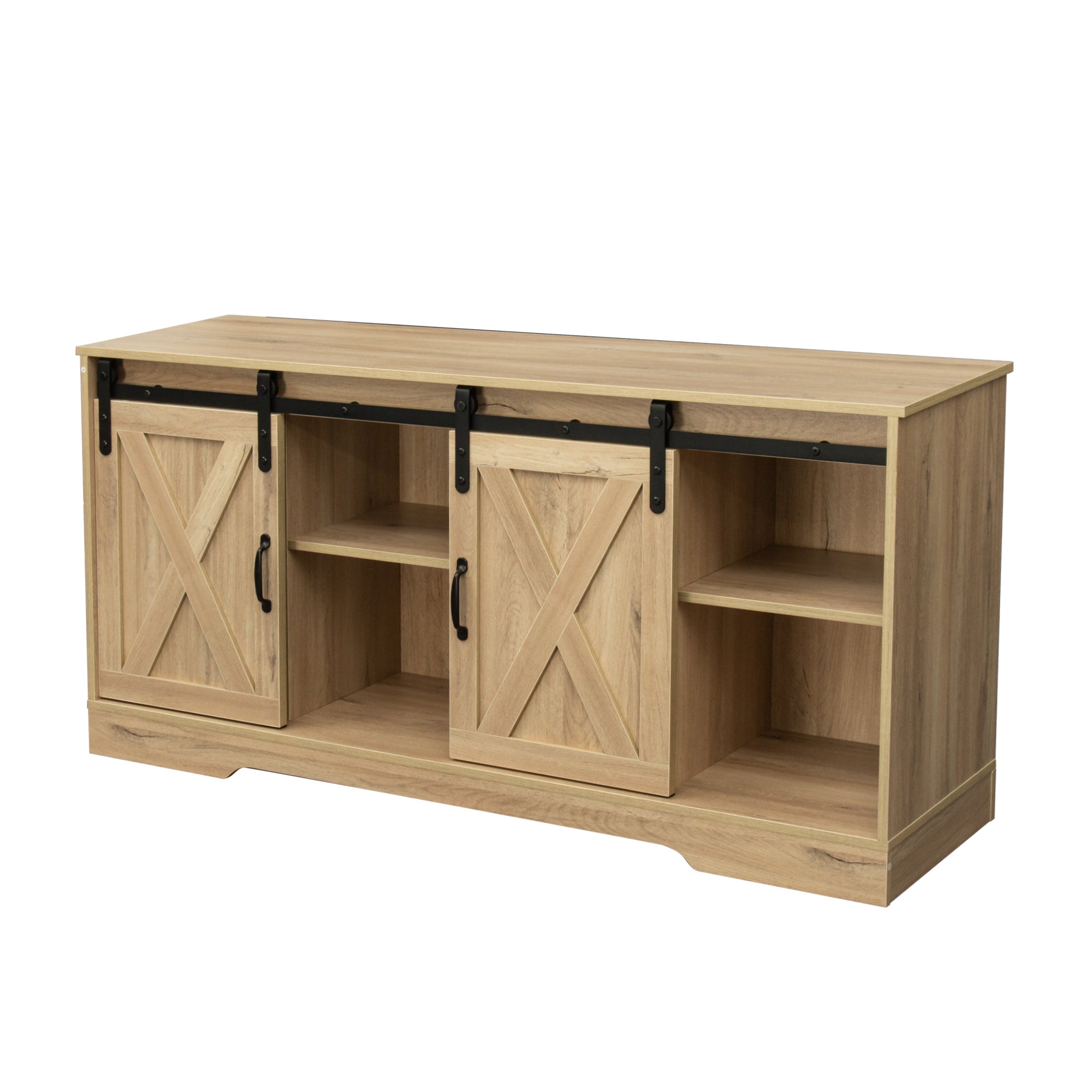 Modern & Farmhouse Wood TV Stand with Sliding Barn Doors for TVs Up to 65", Oak