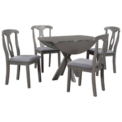 Rustic Farmhouse 5-Piece Wood Round Dining Table Set with Drop Leaf & 4 Padded Dining Chairs, Gray