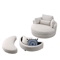 Swivel Accent Barrel Modern Sofa Lounge Club Big Round Chair with Storage Ottoman, Pillows, Beige