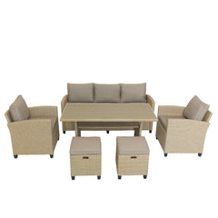 6 Piece Outdoor Rattan Dining Set with Table, Chair, Ottomans