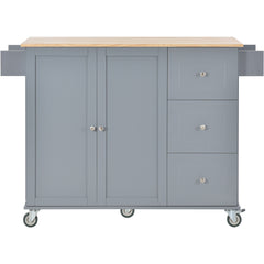 52.7" Rolling Mobile Kitchen Island with Solid Wood Top, Locking Wheels, Storage Cabinet, Drop Leaf Breakfast Bar, Spice Rack, Towel Rack & Drawer, Grey Blue