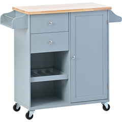 Kitchen Cart with Wine Rack, Towel Rack, Two Drawers, Rubber Wood Top & 4 Wheels for Dining Room, Kitchen & Living Room, Grey Blue