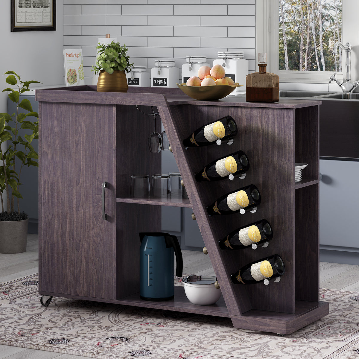 Kitchen Island Cart on Wheels with Adjustable Shelf & 5 Wine Holders, Espresso