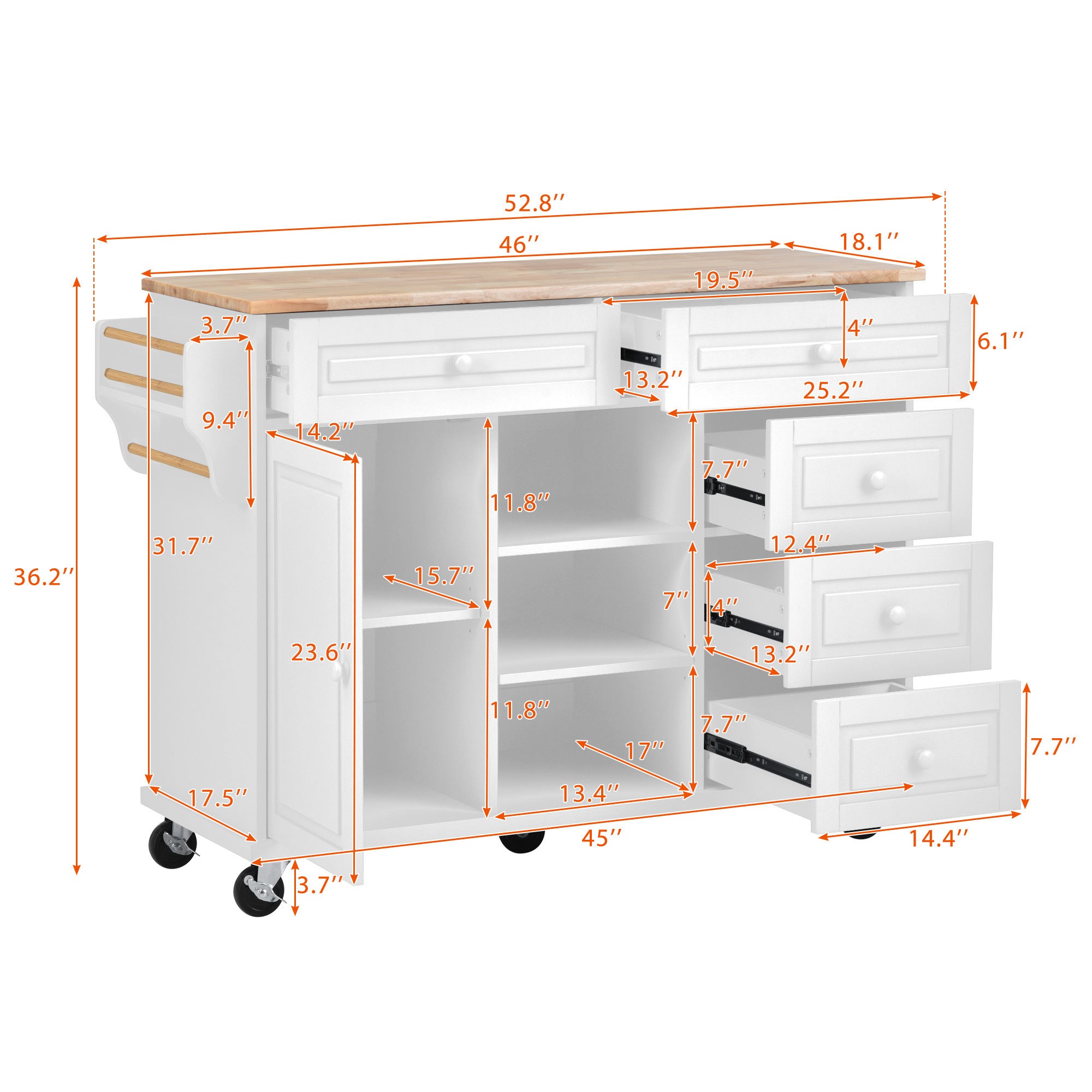 53" Kitchen Island Cart with Rubber Wood Desktop, 5 Storage Draws, Spice Rack & Wheels, White