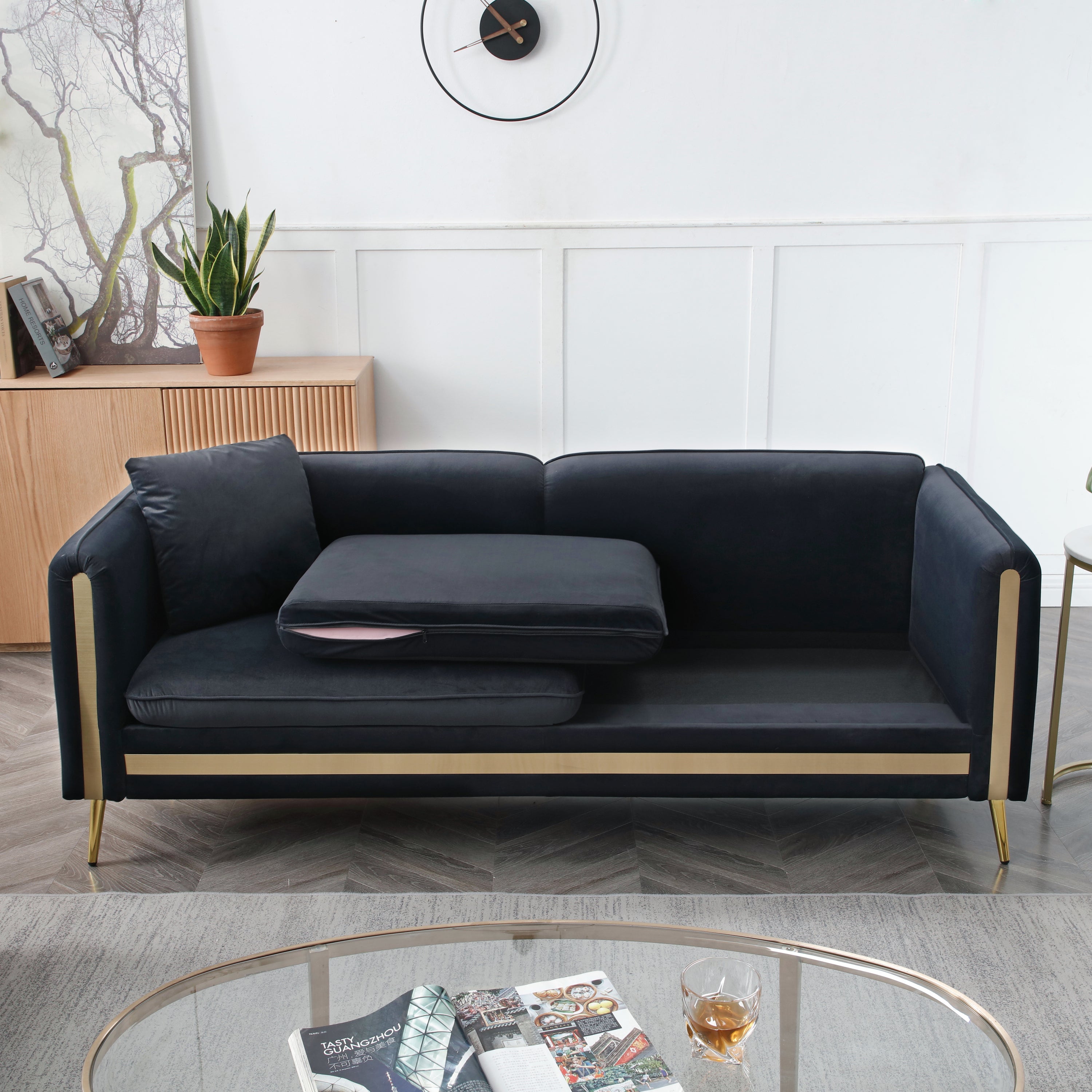 77.2” Modern Upholstered Velvet Sofa with Removable Cushions, Side Pocket,2 Pillows,Black