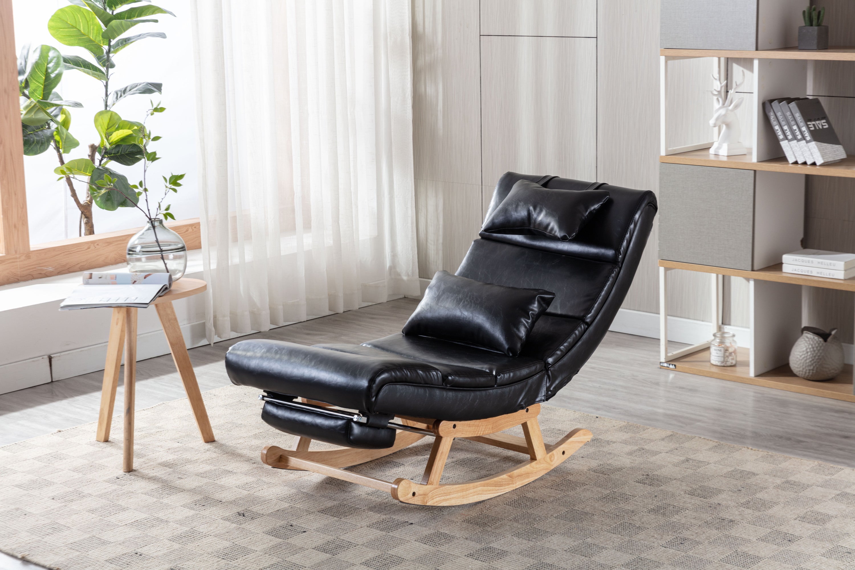 51.37"W Comfortable Rocking Chair with Natural Solid Rubber Wood Legs, Black PU