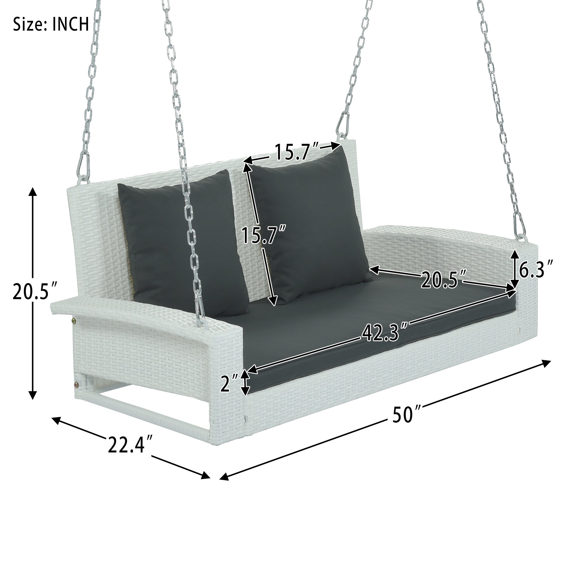 2-Person Wicker Hanging Porch Swing Bench with Chains, Cushion, Pillow